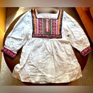 Cotton/Linen Blouse, Embroidered and beaded yoke, 3/4 sleeve, Size XS